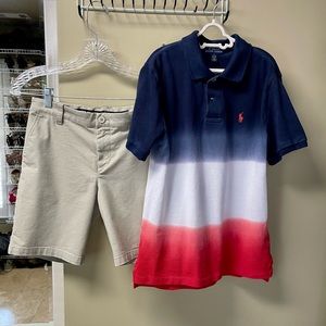 Ralph Lauren Older boys Med red/white/blue shirt + Under Armor size 10-12 shorts